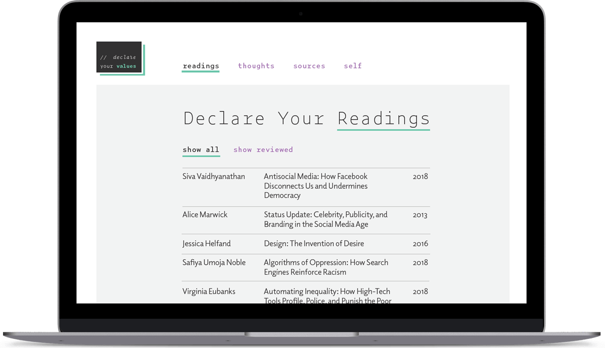 screenshot of declare your values website